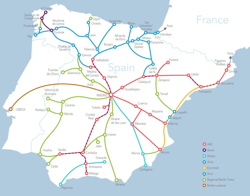 Железные дороги Испании карта