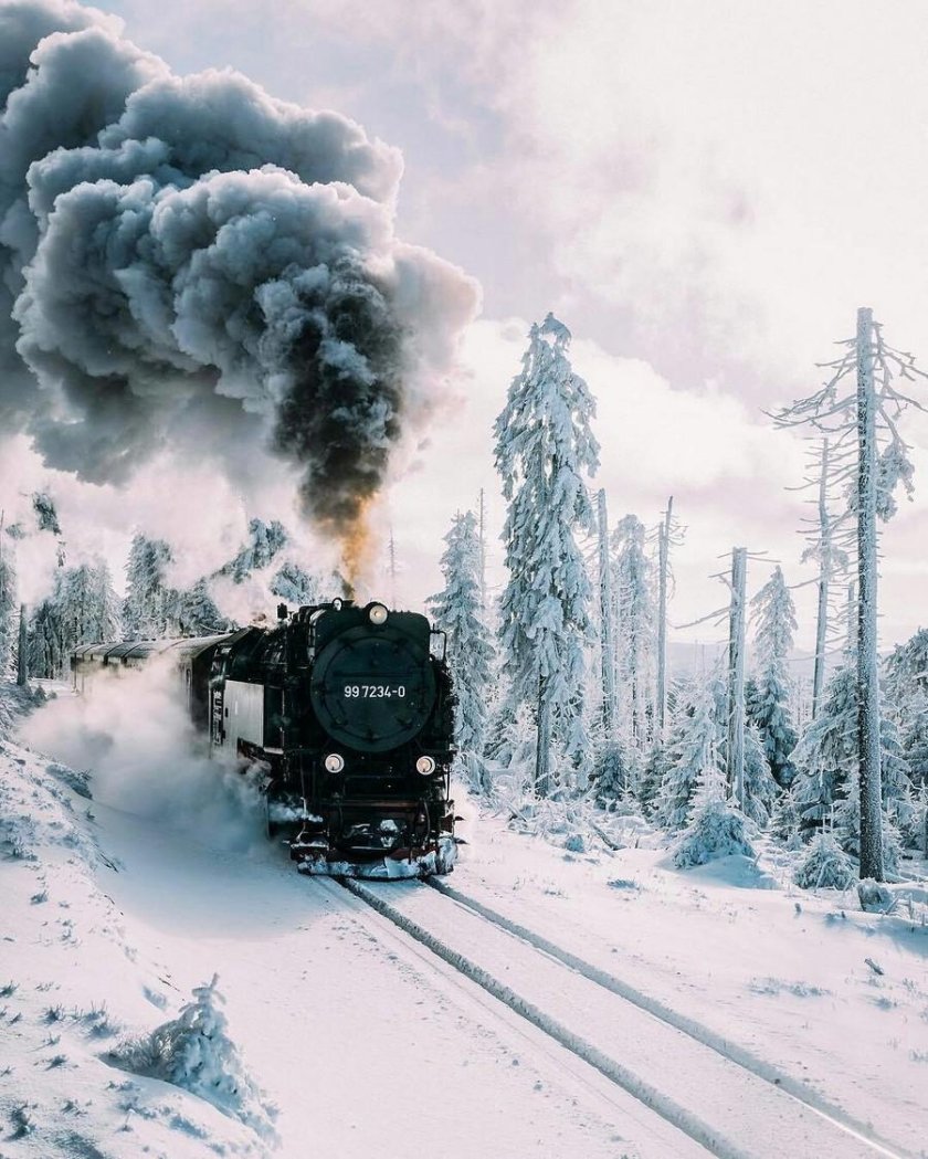 Паровоз в зимнем лесу