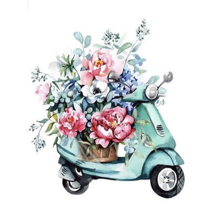 Машина с цветами акварель