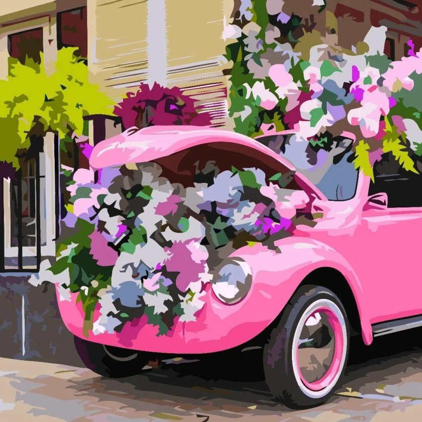 Розовая машина с цветами