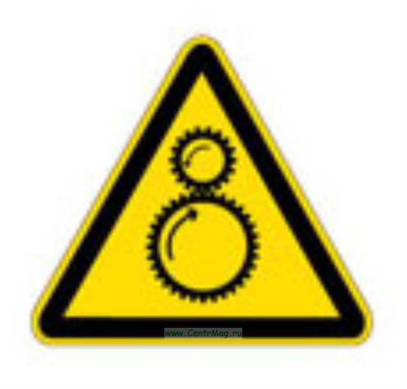 Знак осторожно возможно затягивание между вращающимися элементами