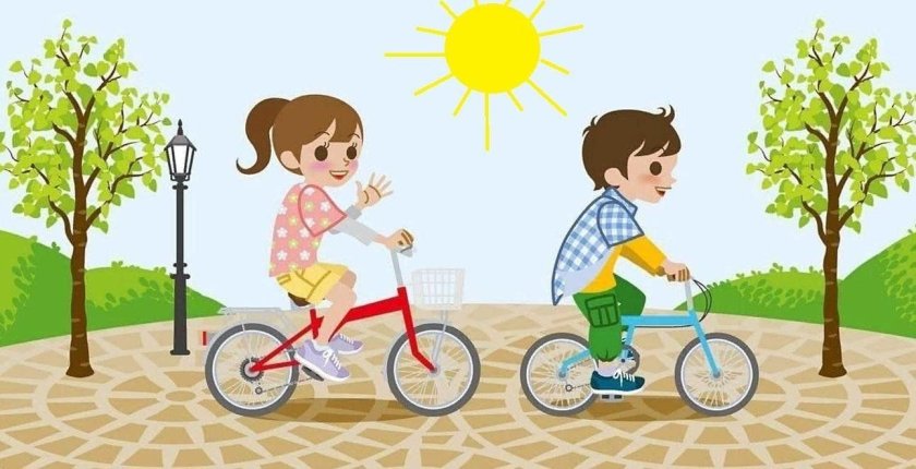 Дети катаются на велосипеде