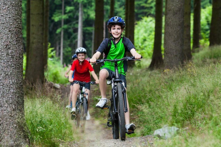 Мальчив в лесу на велосипеде