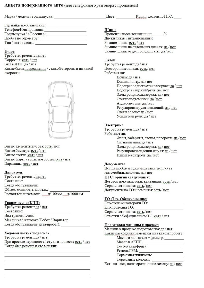 Чек лист осмотра авто перед покупкой