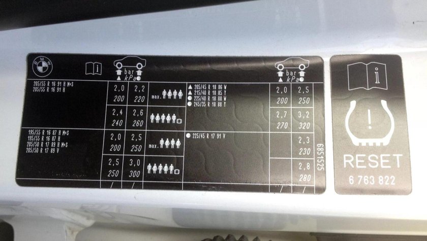 BMW f10 табличка давления шин