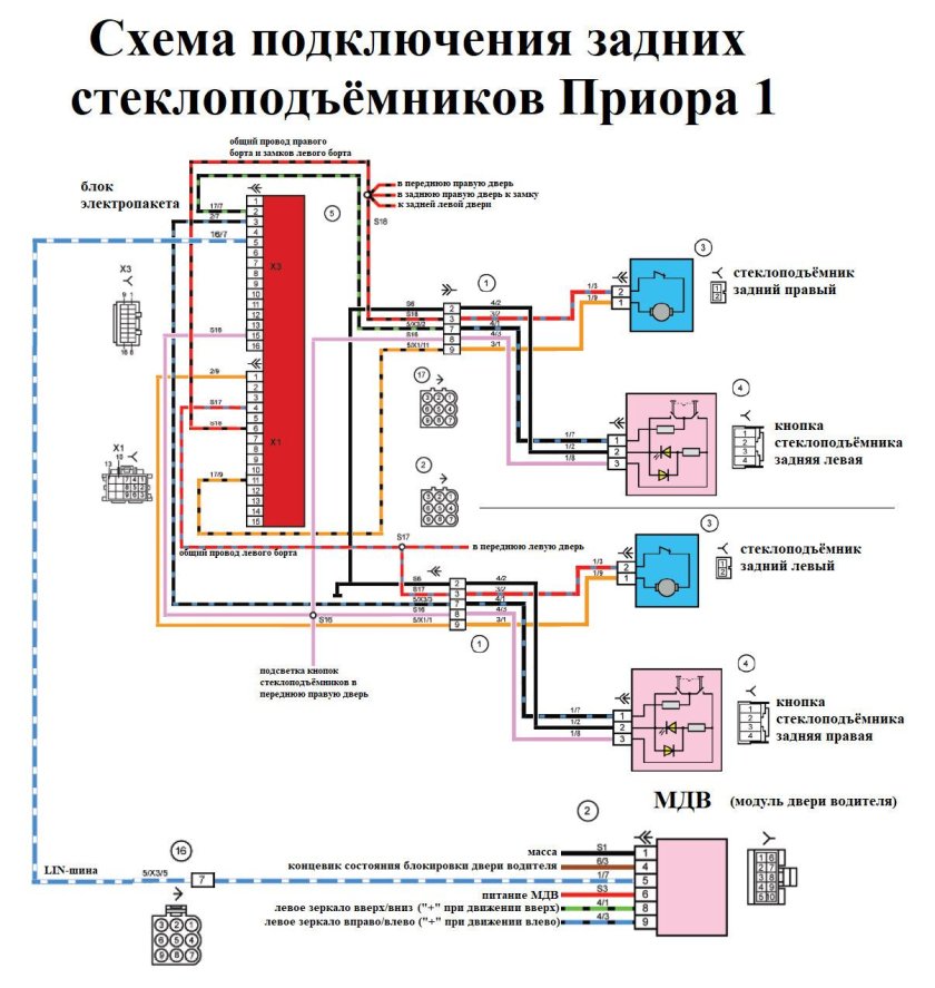 Схема подключения задних стеклоподъемников Приора