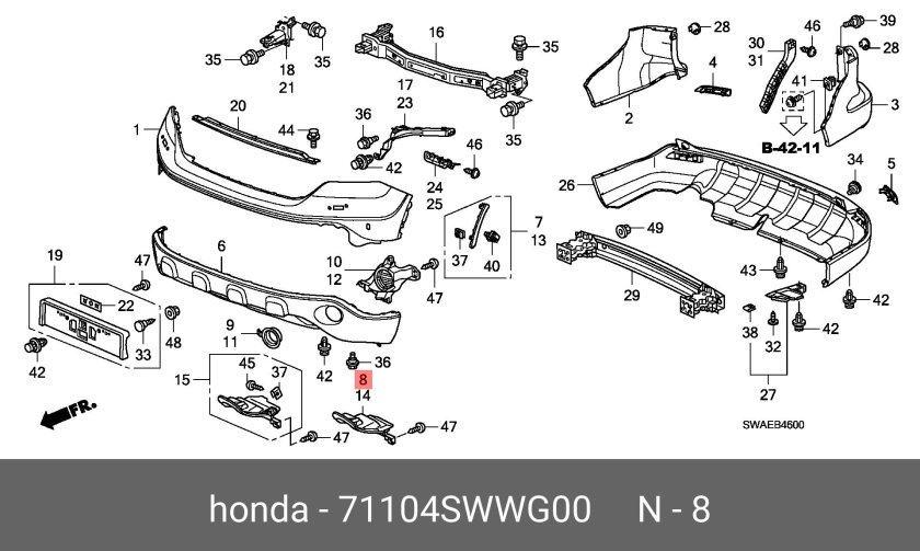 Схема крепления заднего бампера Honda CR V 3