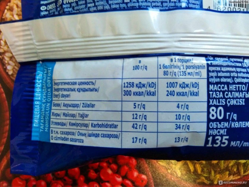 Калорийность на упаковке