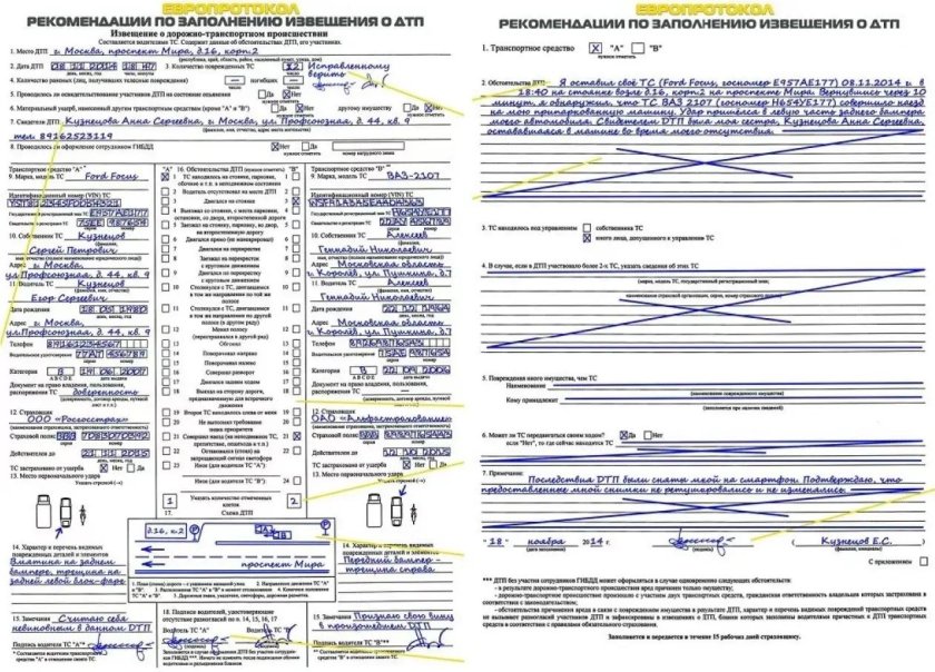 Образец заполнения европротокола при ДТП 2022