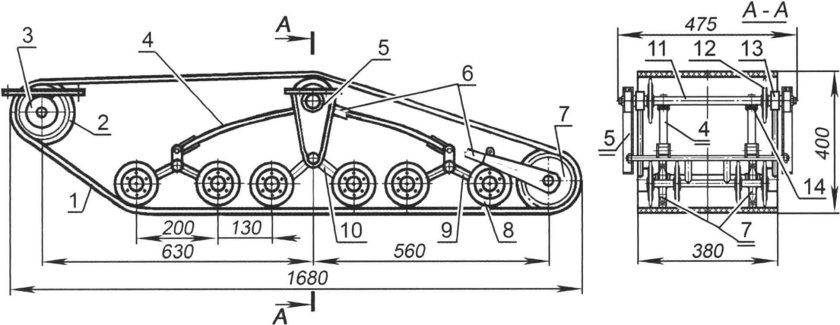 Чертеж мотособака 380 гусеница