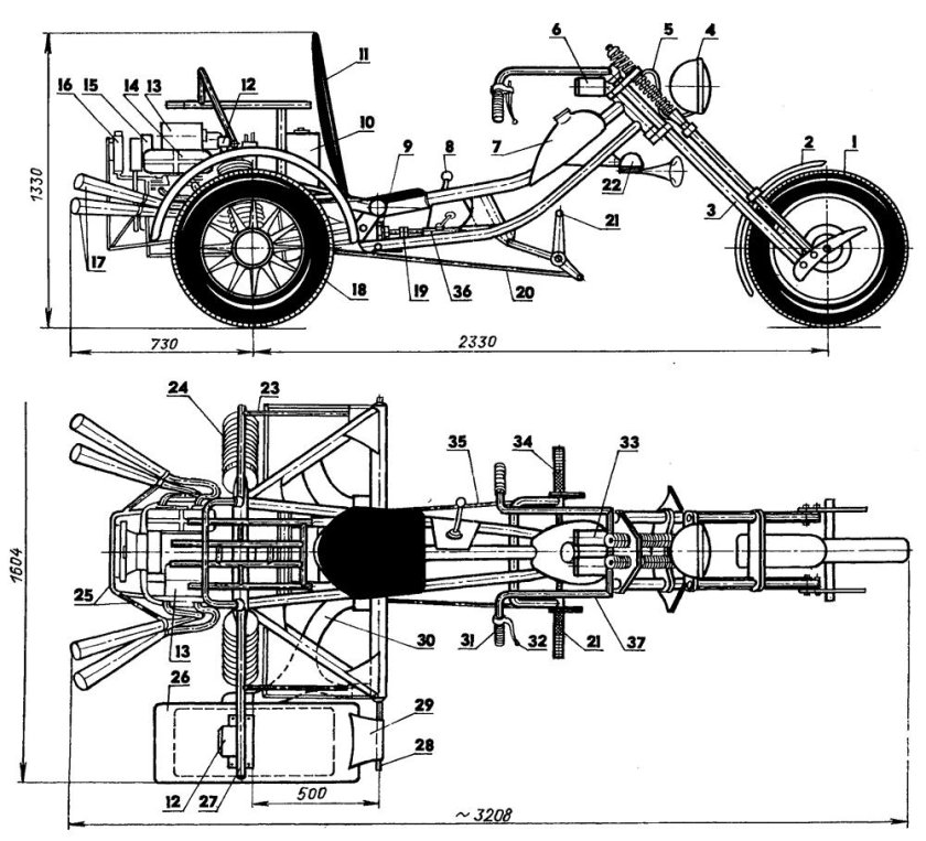 Чертеж трицикла из мотоцикла Урал