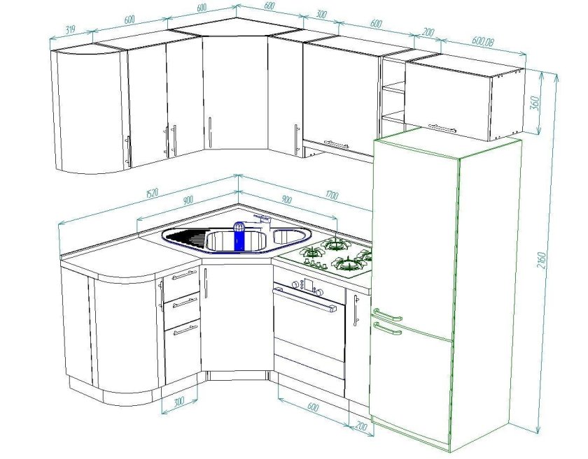 Чертежи кухонных гарнитуров угловых с размерами в хрущевке ,1600-2000мм