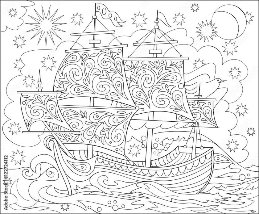 Раскраска антистресс корабль