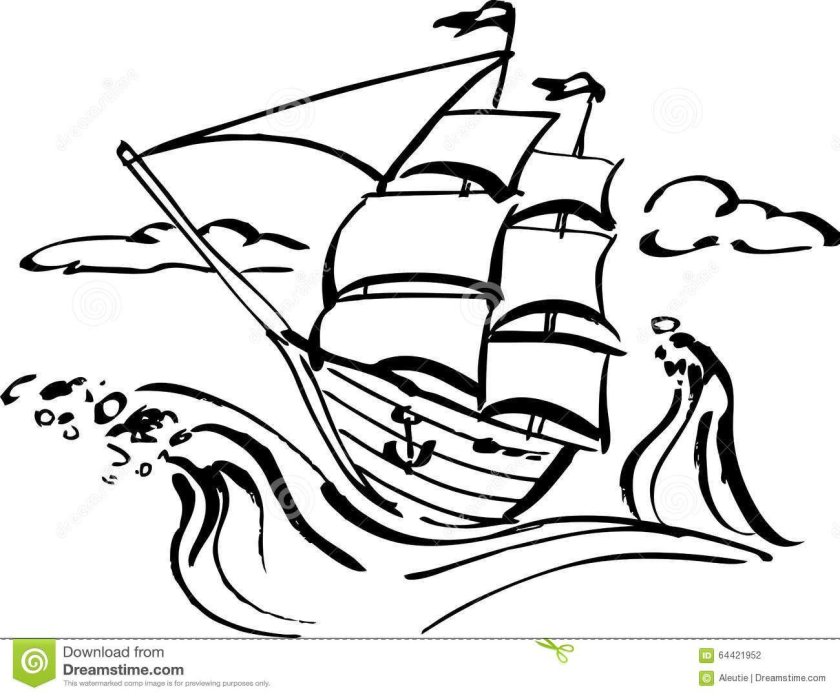 Корабль контурный рисунок