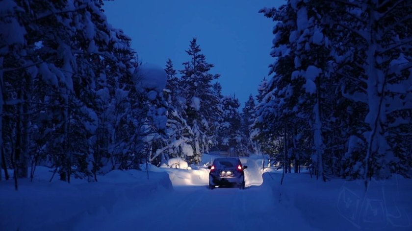 Машина в зимнем лесу ночью