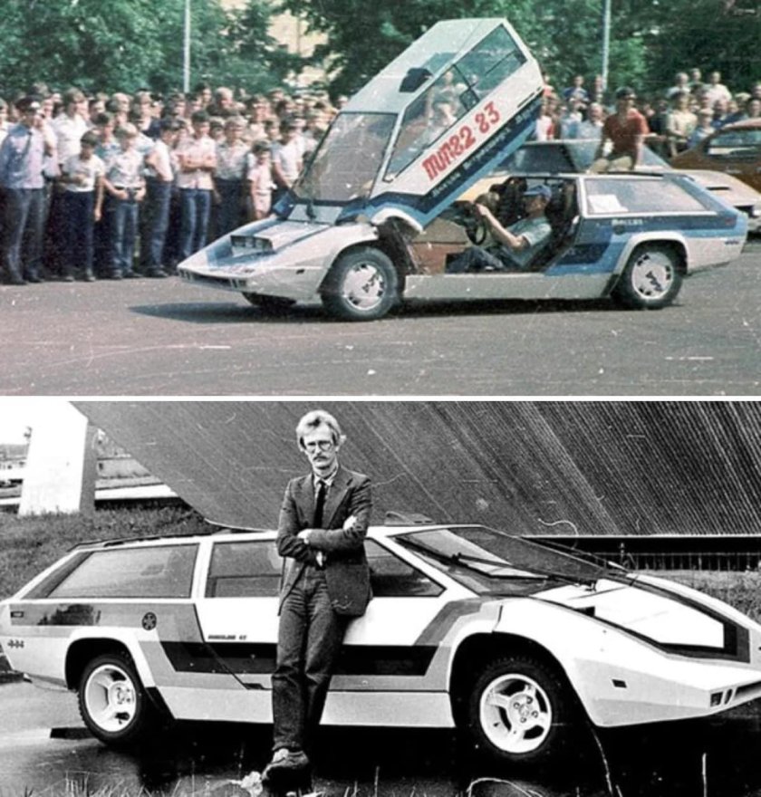 Автомобиль "Панголина" и его создатель Александр Кулыгин, 1986 год