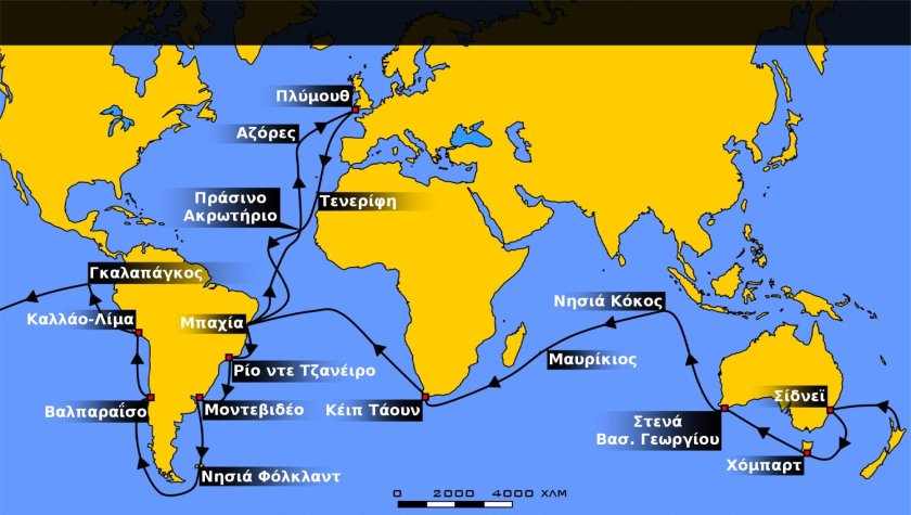 Карта путешествий Чарльза Дарвина