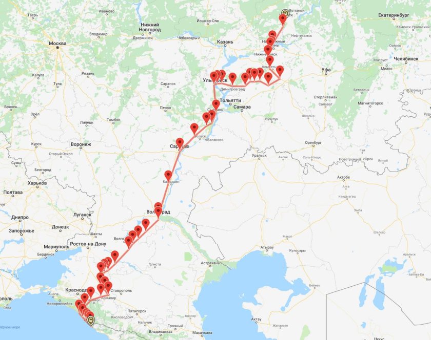 ЖД маршрут Ижевск Адлер на карте