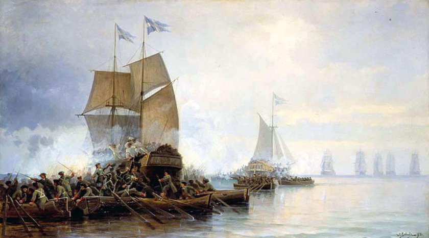 Взятие шведских кораблей в Устье Невы. Л. Д. блинов, 1890 год