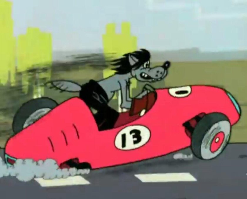 Волк из ну погоди на гоночной машине