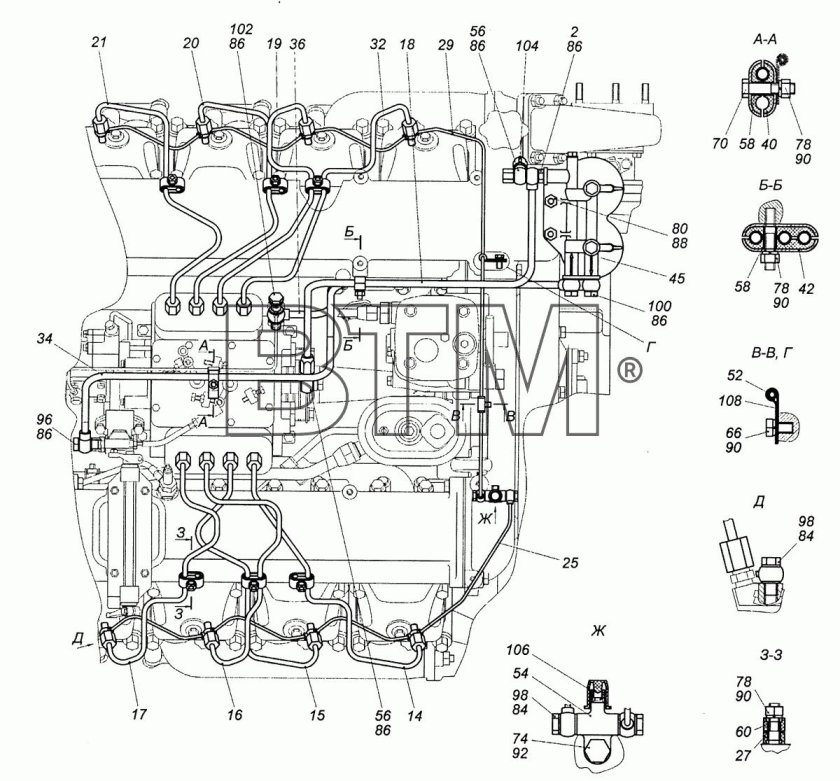 Схема топливных трубок КАМАЗ 6520